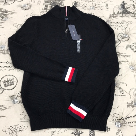 Tommy Hilfiger Sweaters | Tommy Hilfiger Men's Cotton Quarter Zip Sweater | Color: Black/Red | Size: M | Megoshop's Closet